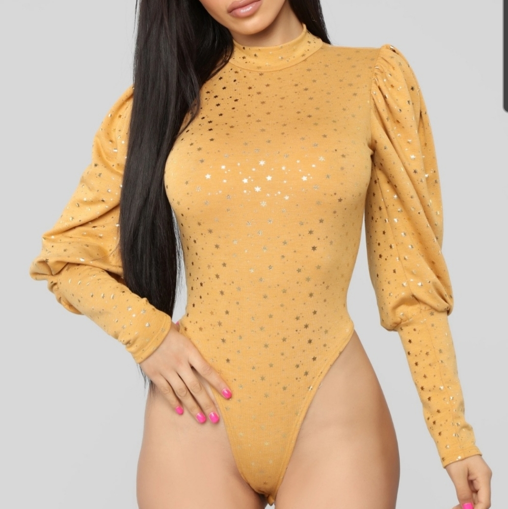 Fashionnova Long Sleeve Stars Mustard Bodysuit NWT
